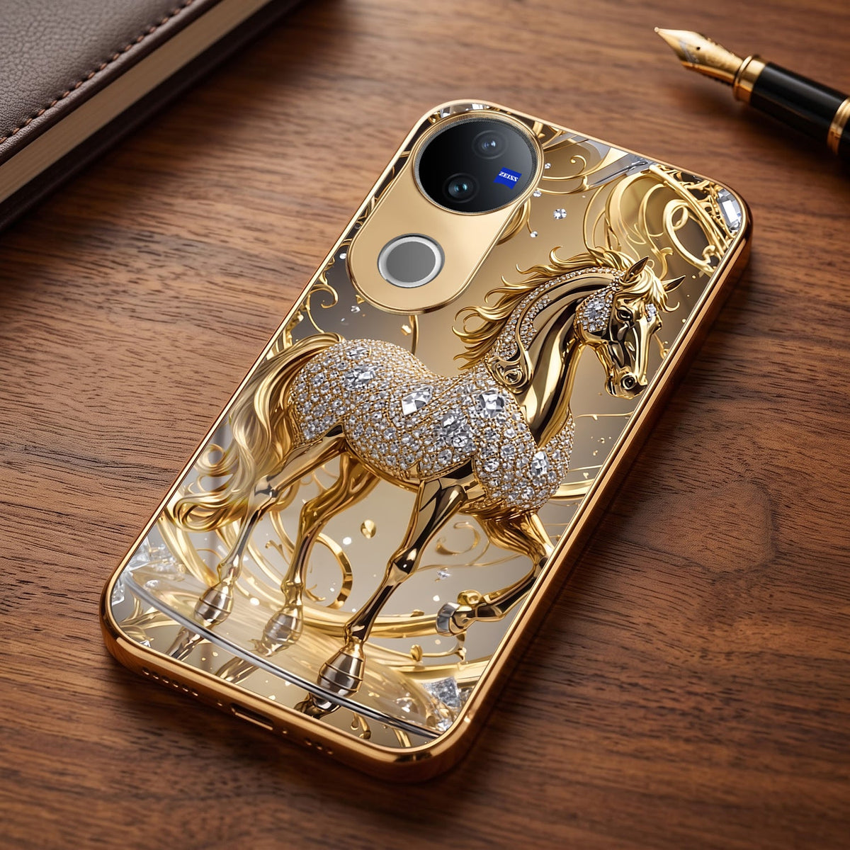 Vivo V50 5G Luxury Horse Texture Gold Electroplated Glass Phone Back Case