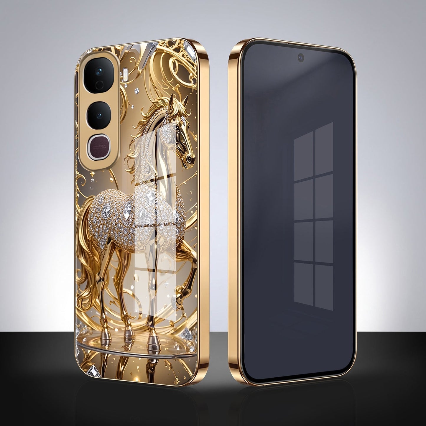 Vivo Y400 Pro 5G Luxury Horse Texture Gold Electroplated Glass Phone Back Case