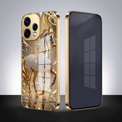 Oppo Reno 15 5G Luxury Horse Texture Gold Electroplated Glass Phone Back Case