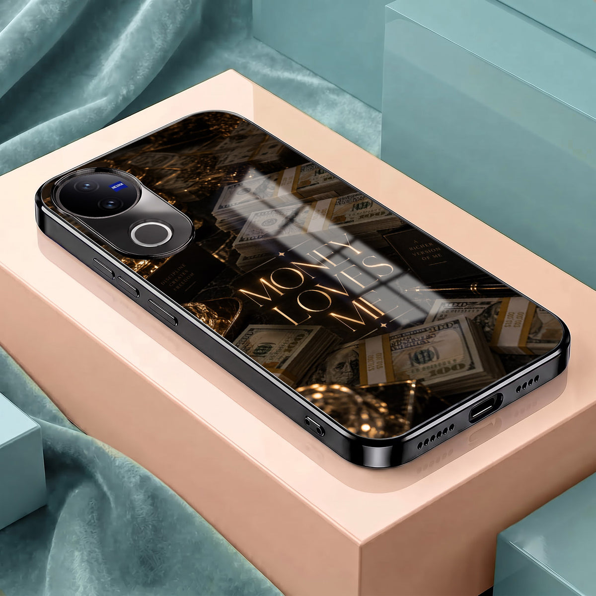 Vivo V50 5G Money Loves Me Black Electroplated Glass Phone Back Case