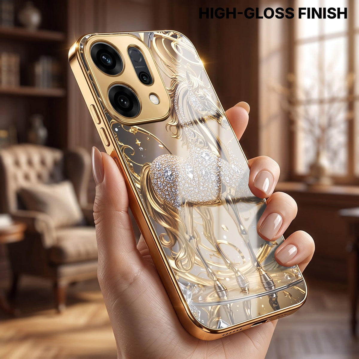 Oppo Reno 14 5G Luxury Horse Texture Gold Electroplated Glass Phone Back Case
