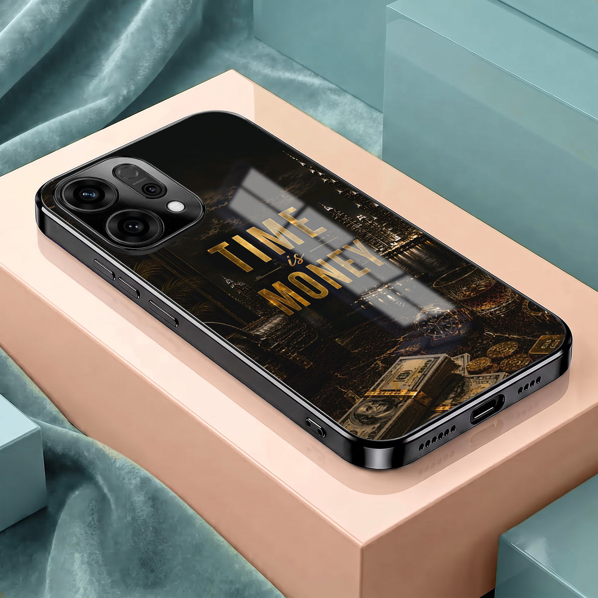 Oppo Reno 14 5G Time Is Money Black Electroplated Glass Phone Back Case