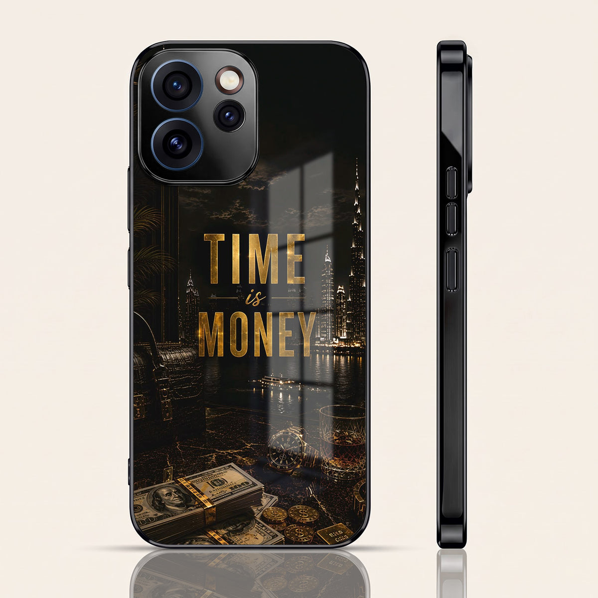 Oppo Reno 15 Pro Mini 5G Time Is Money Black Electroplated Glass Phone Back Case