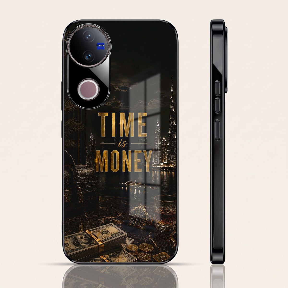 Vivo V50 5G Time Is Money Black Electroplated Glass Phone Back Case