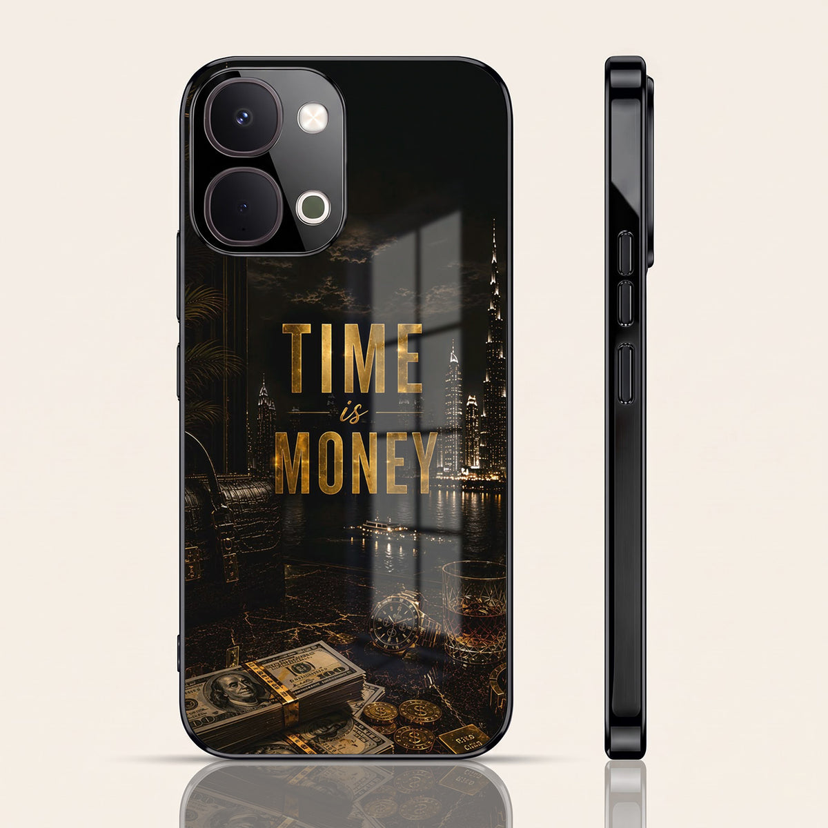 Vivo T5x 5G Time Is Money Black Electroplated Glass Phone Back Case