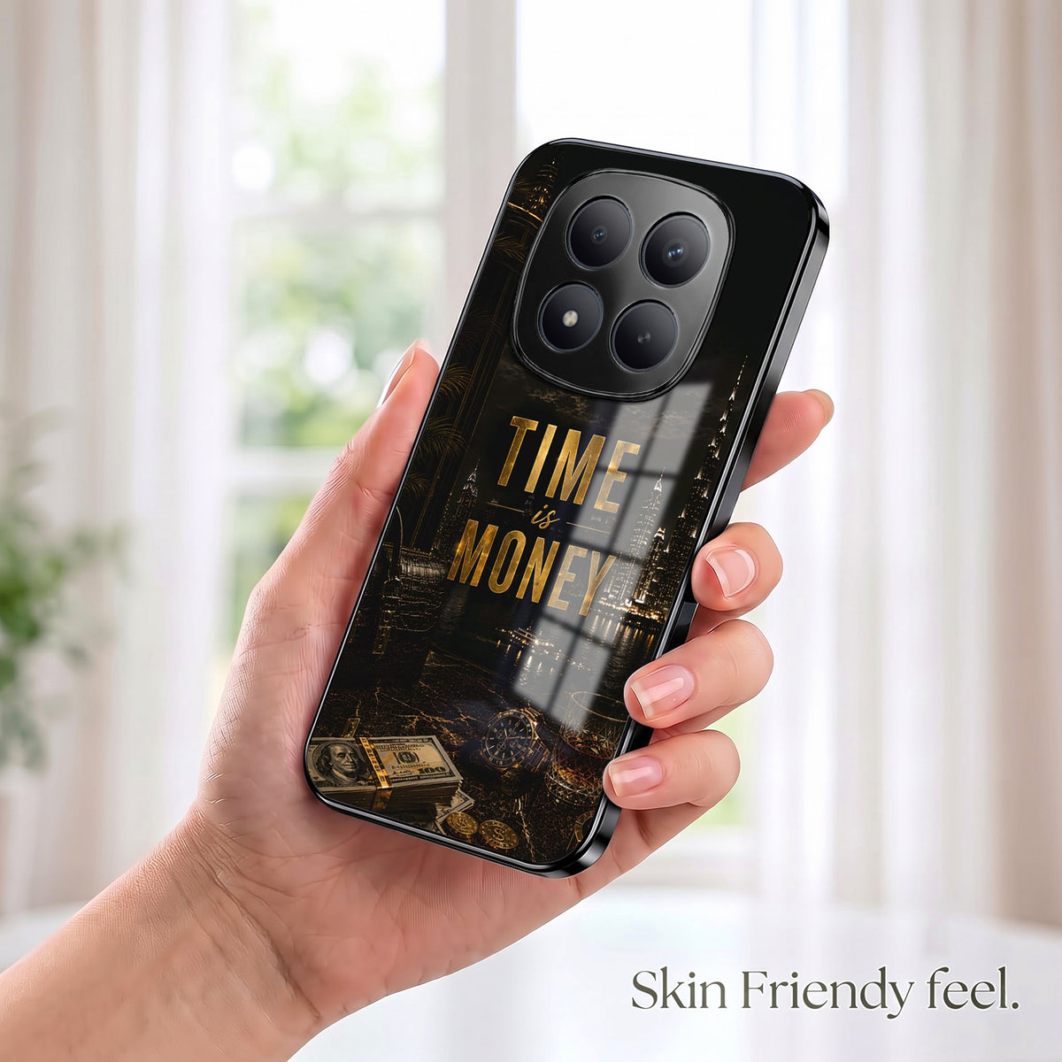 Redmi Note 15 Pro Plus 5G Time Is Money Black Electroplated Glass Phone Back Case