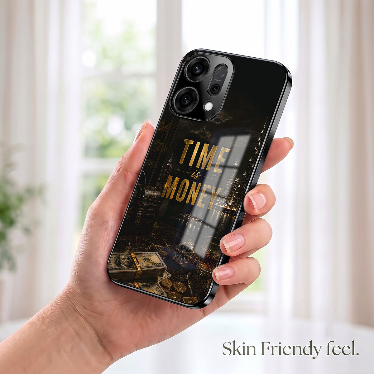 Oppo Reno 14 5G Time Is Money Black Electroplated Glass Phone Back Case