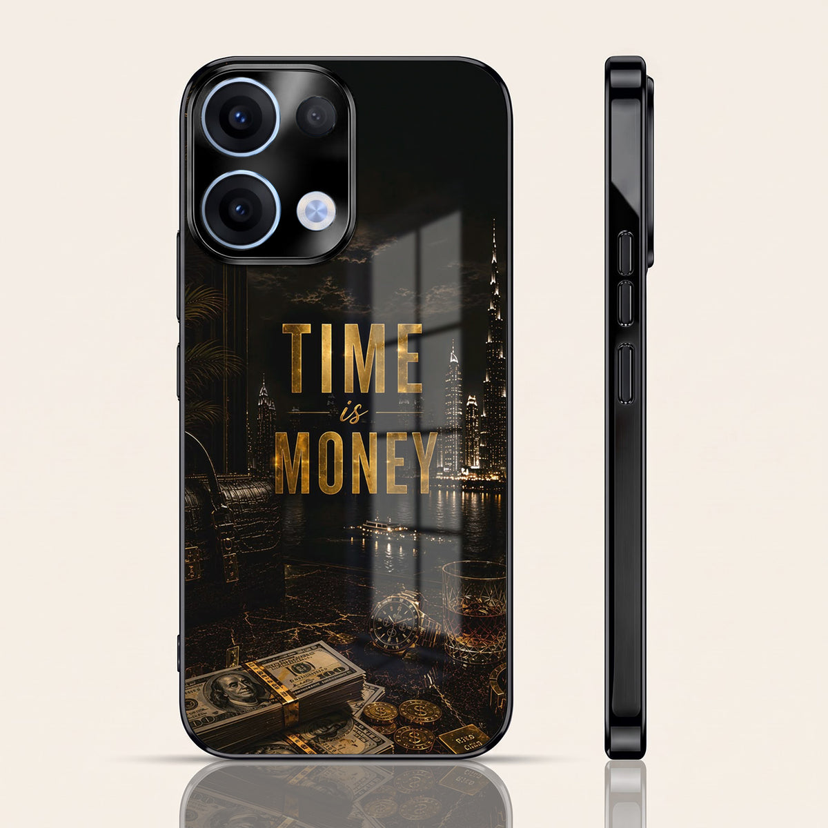 Oppo Reno 13 5G Time Is Money Black Electroplated Glass Phone Back Case