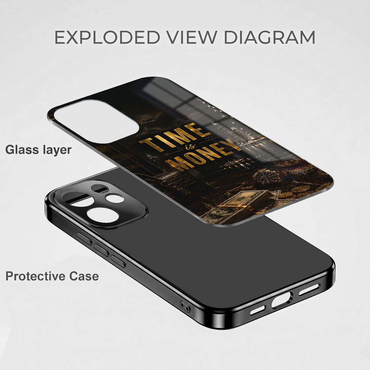 Oppo Reno 15 Pro Mini 5G Time Is Money Black Electroplated Glass Phone Back Case