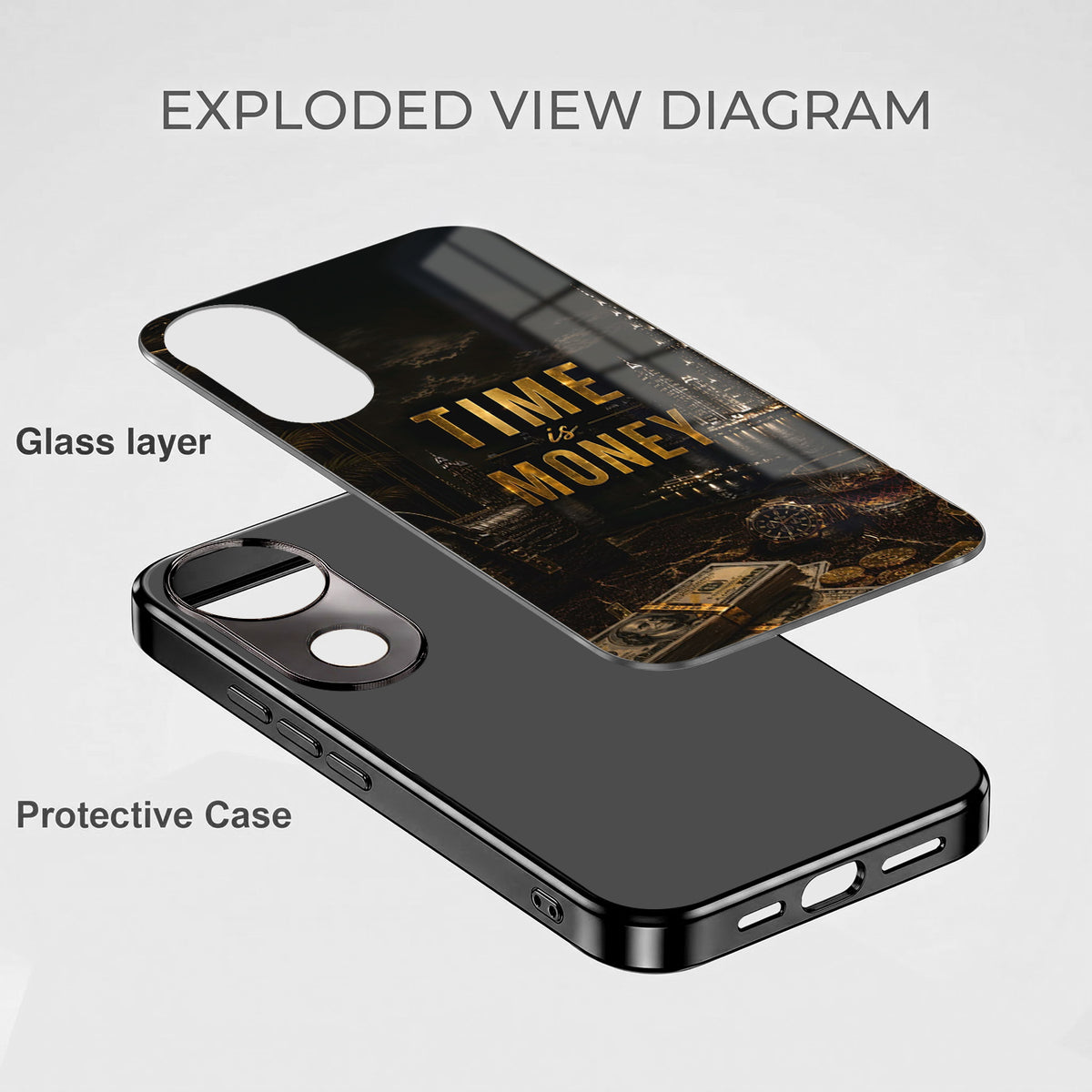 Vivo V50 5G Time Is Money Black Electroplated Glass Phone Back Case