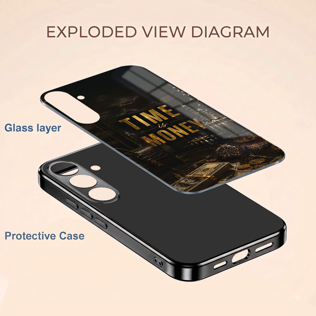 Samsung Galaxy A56 5G Time Is Money Black Electroplated Glass Phone Back Case