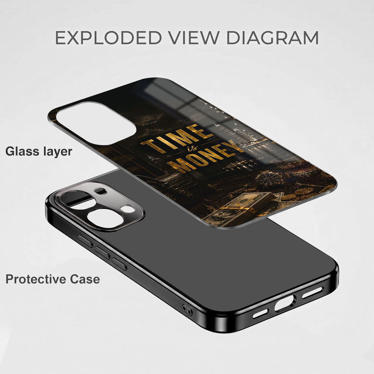 Vivo T5x 5G Time Is Money Black Electroplated Glass Phone Back Case