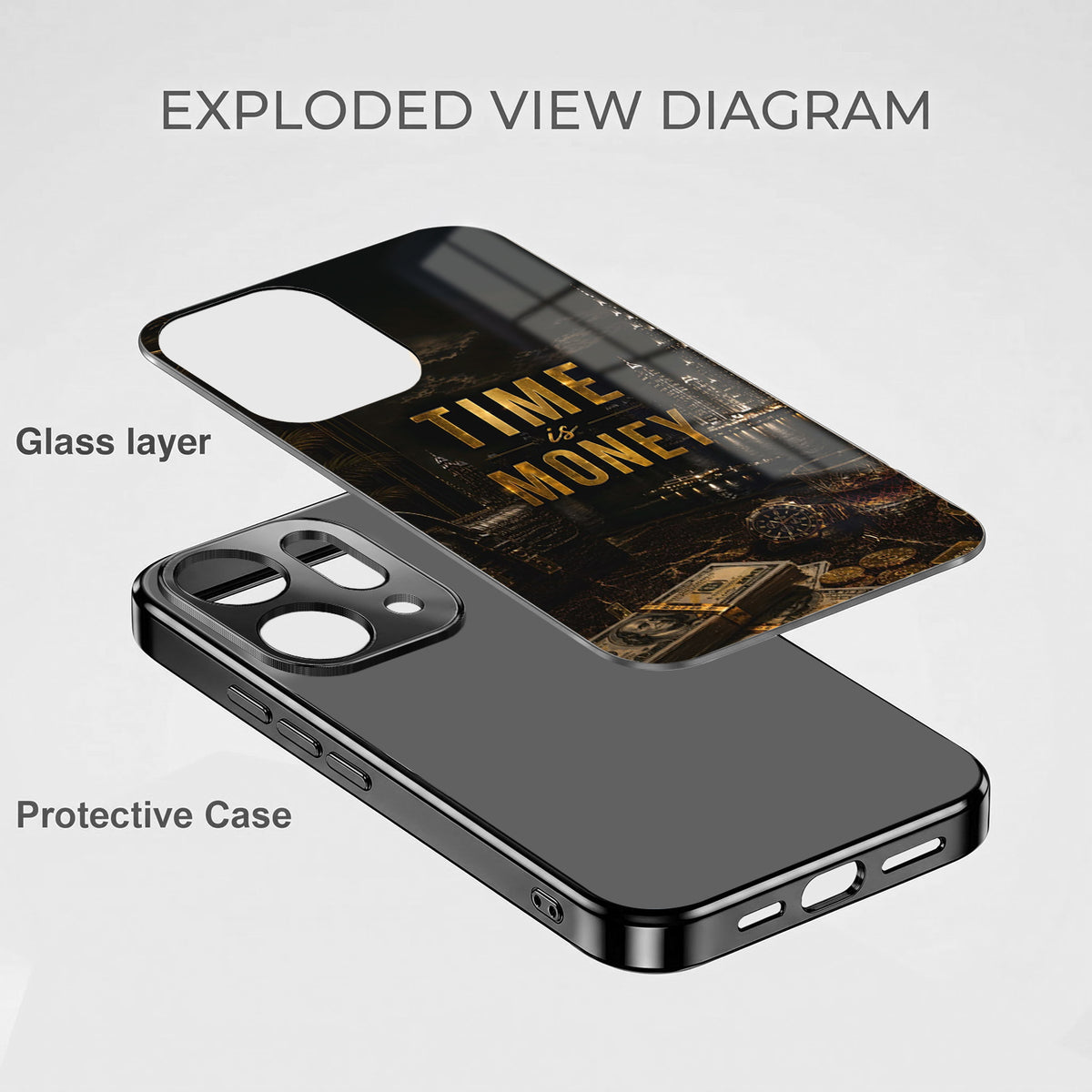 Oppo Reno 14 5G Time Is Money Black Electroplated Glass Phone Back Case