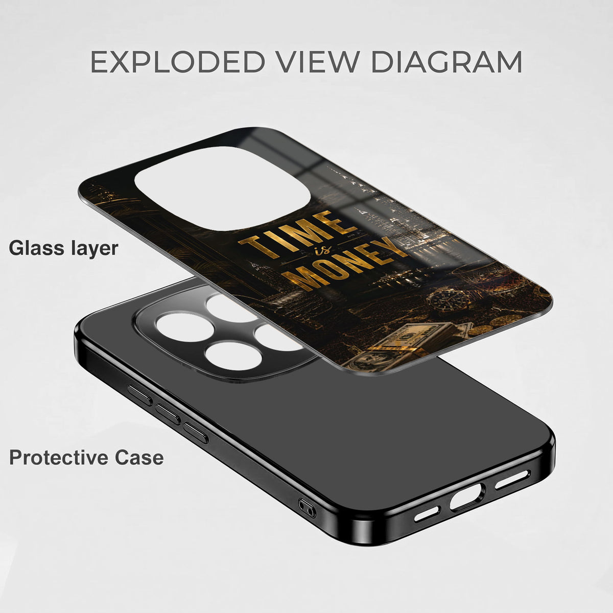 Redmi Note 15 Pro Plus 5G Time Is Money Black Electroplated Glass Phone Back Case