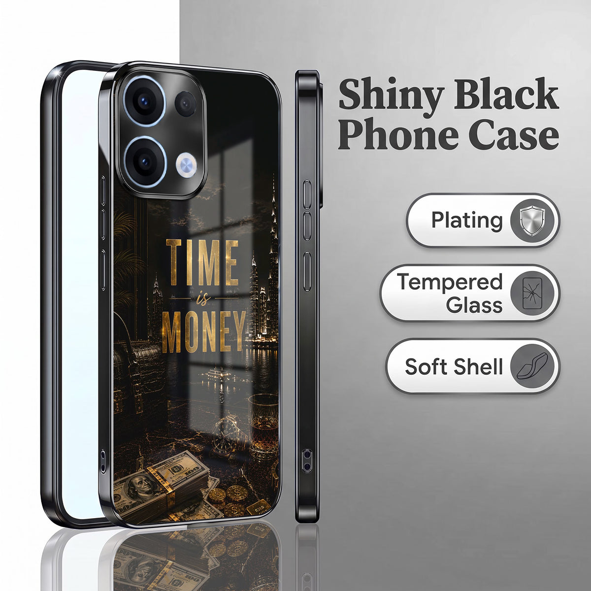 Oppo Reno 13 5G Time Is Money Black Electroplated Glass Phone Back Case