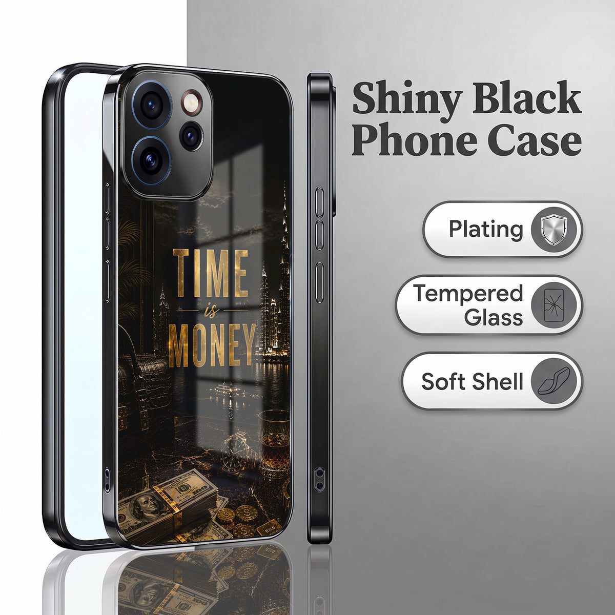 Oppo Reno 15 Pro Mini 5G Time Is Money Black Electroplated Glass Phone Back Case