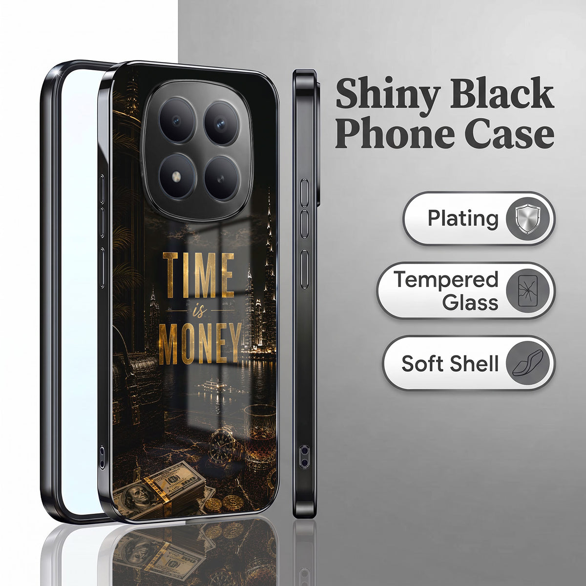 Redmi Note 15 Pro Plus 5G Time Is Money Black Electroplated Glass Phone Back Case