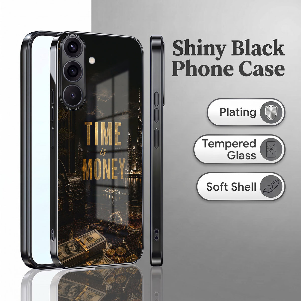 Samsung Galaxy A56 5G Time Is Money Black Electroplated Glass Phone Back Case