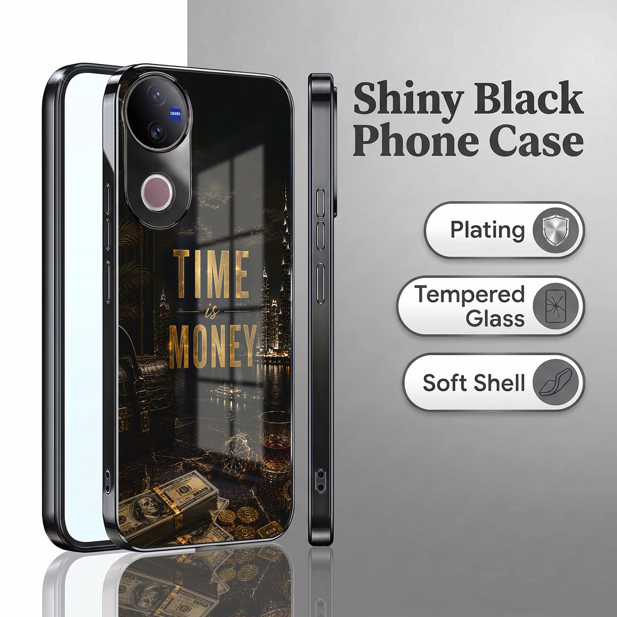 Vivo V50 5G Time Is Money Black Electroplated Glass Phone Back Case