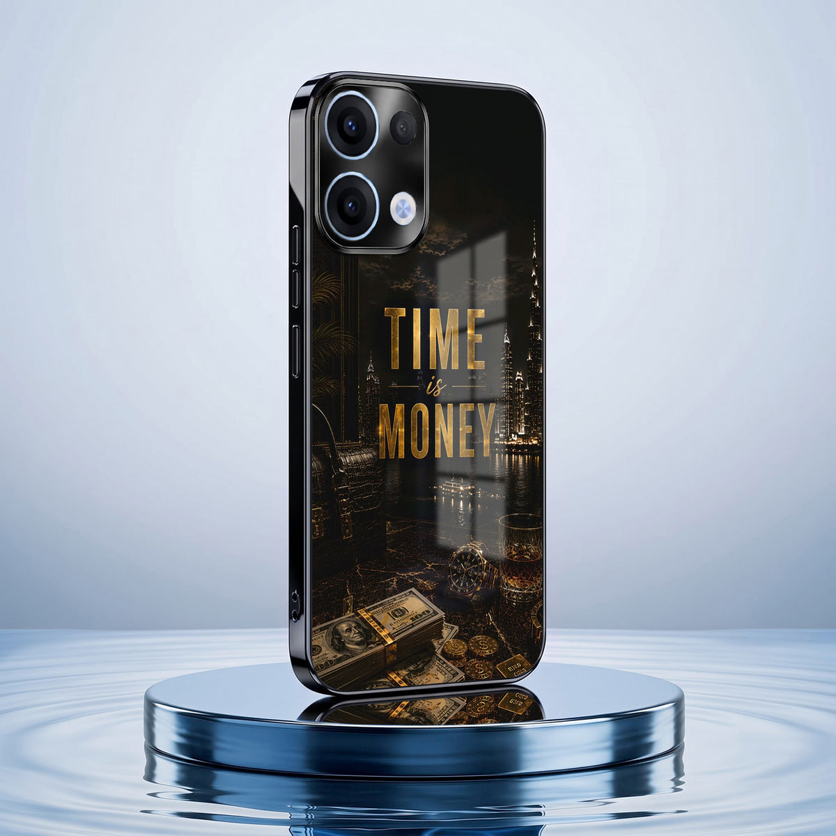 Oppo Reno 13 5G Time Is Money Black Electroplated Glass Phone Back Case