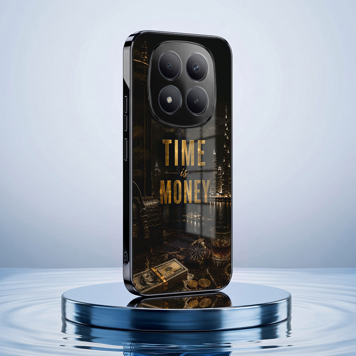 Redmi Note 15 Pro Plus 5G Time Is Money Black Electroplated Glass Phone Back Case