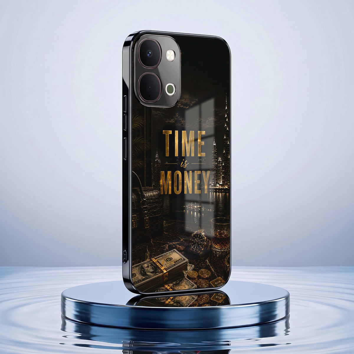 Vivo T5x 5G Time Is Money Black Electroplated Glass Phone Back Case
