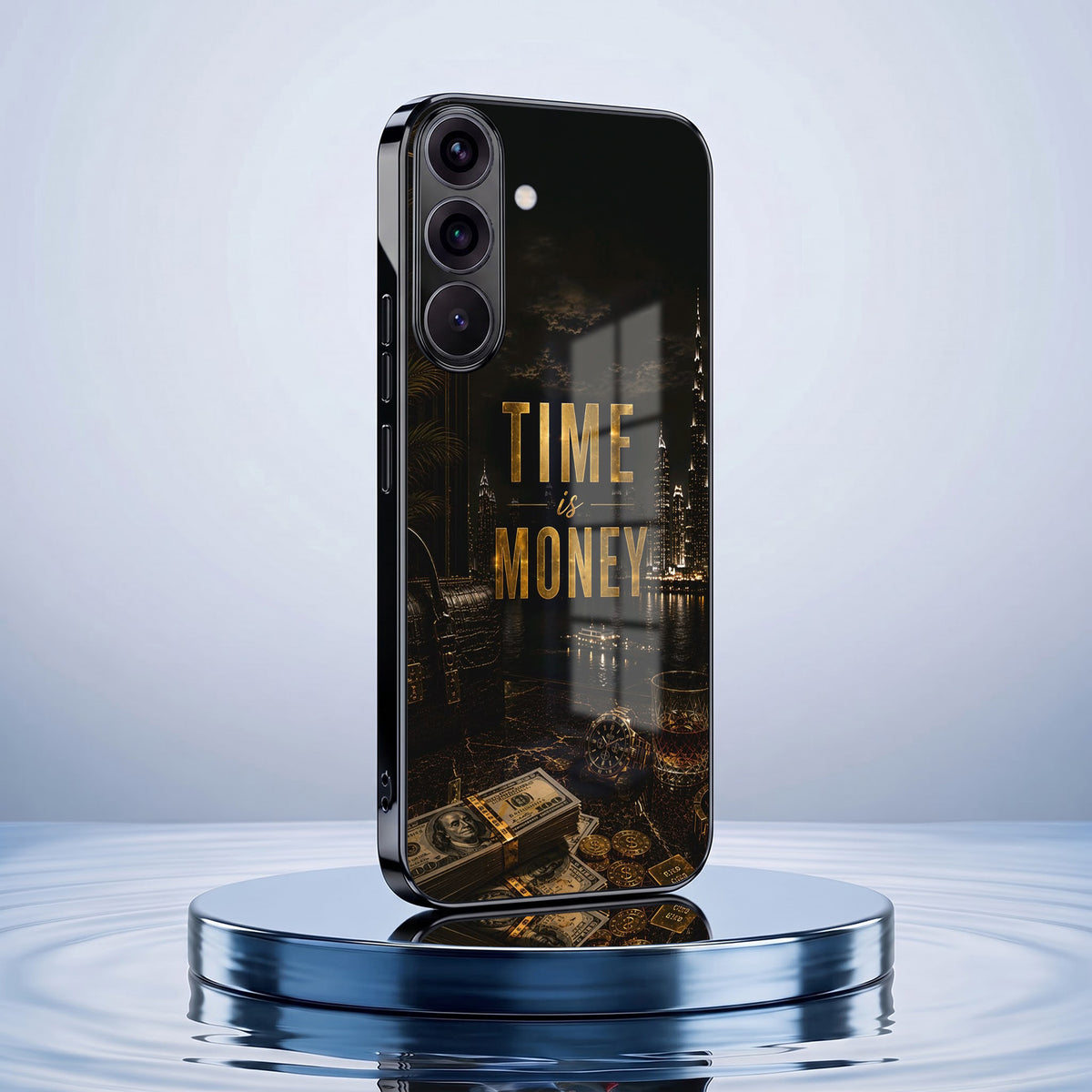Samsung Galaxy A56 5G Time Is Money Black Electroplated Glass Phone Back Case