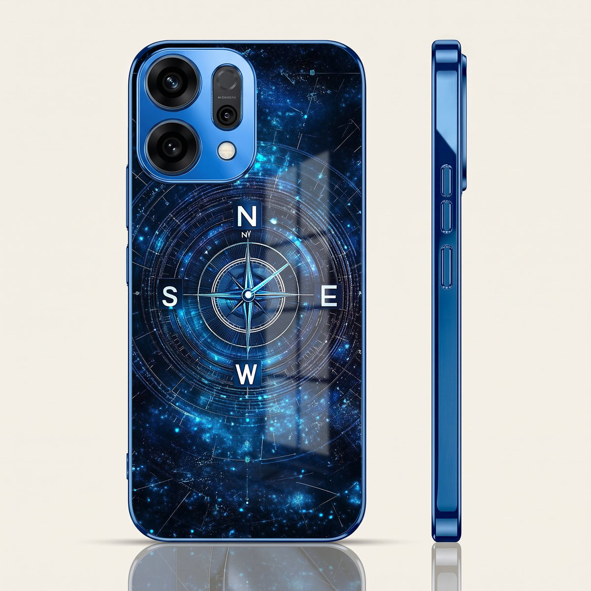Oppo Reno 14 5G Astral Compass Blue Electroplated Glass Phone Back Case