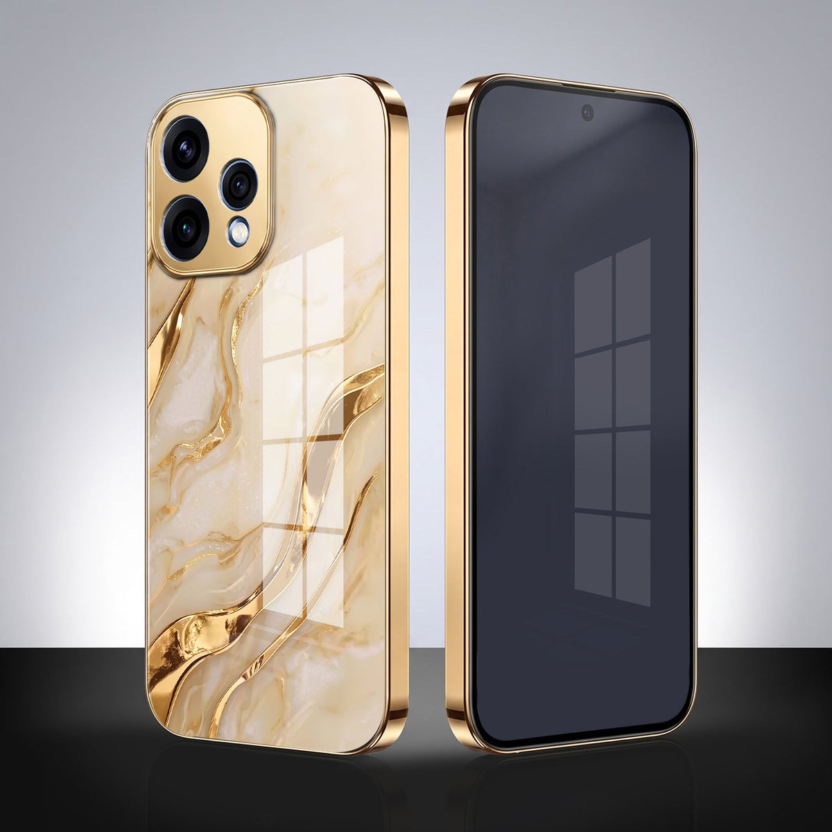 Oppo Reno 15 5G Marvel Texture Gold Electroplated Glass Phone Back Case