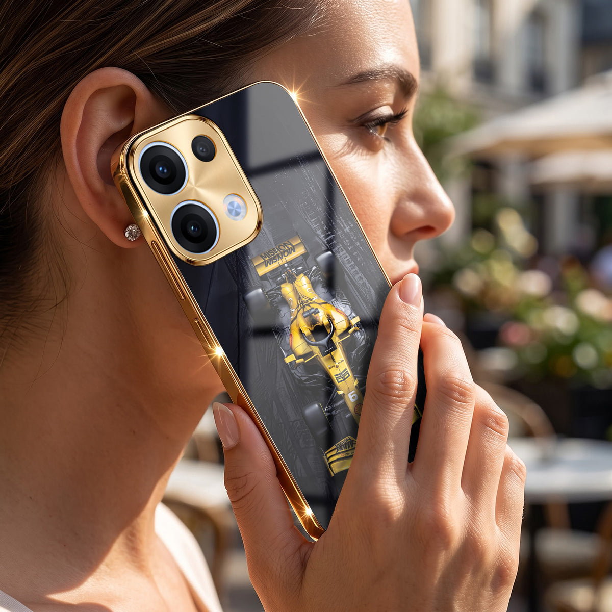 Oppo Reno 13 5G F1 Racing Car Gold Electroplated Glass Phone Back Case