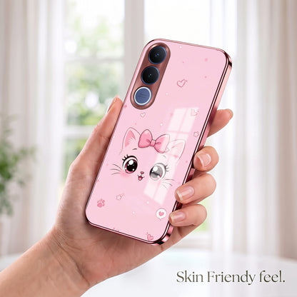 Vivo V70 FE 5G Luxury Cute Cat Pink Electroplated Glass Phone Back Case