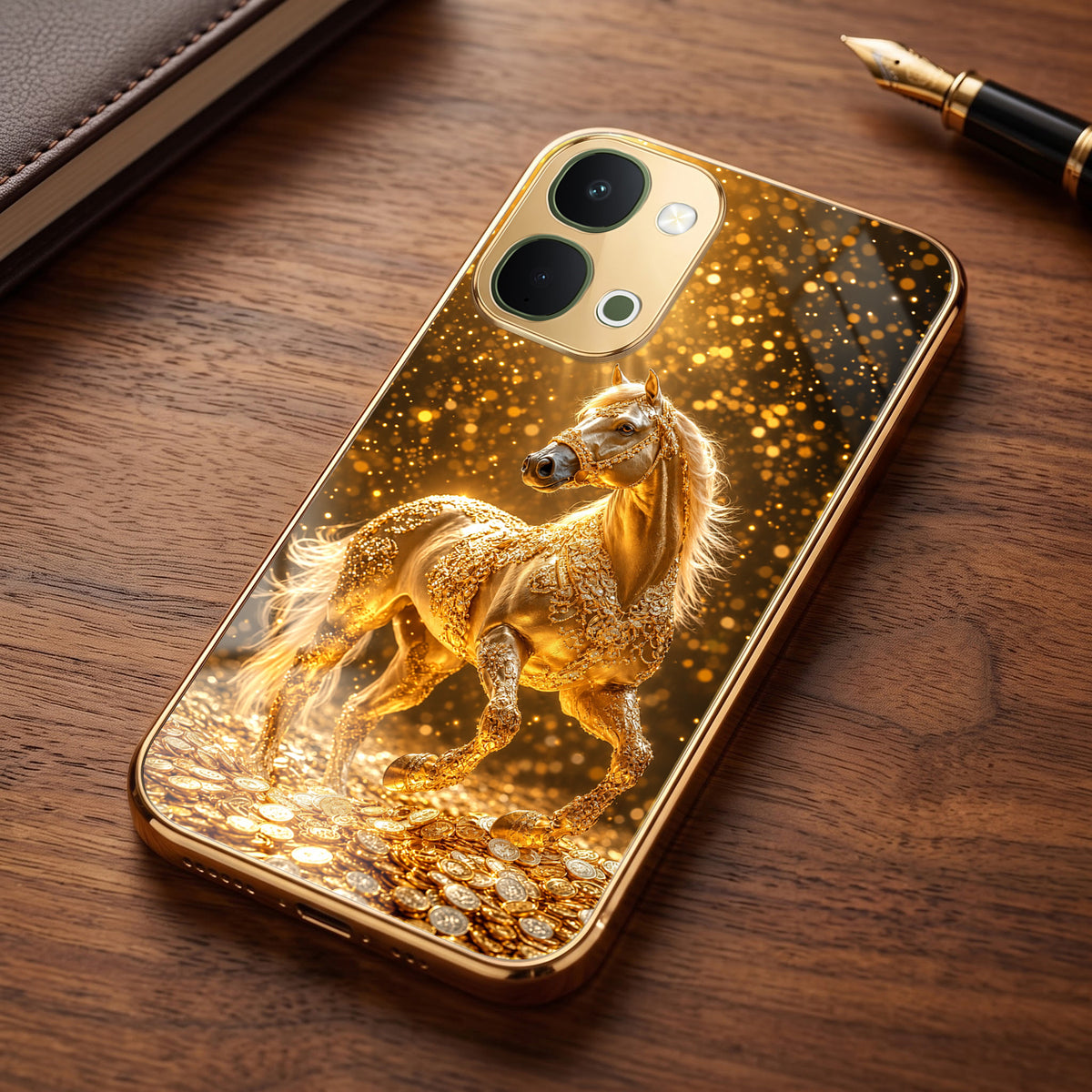 Vivo T5x 5G Golden Horse Sparkle Gold Electroplated Glass Phone Back Case