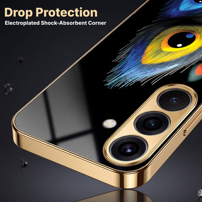 Samsung Galaxy A56 5G Premium Peacock Feather Gold Electroplated Glass Phone Back Case