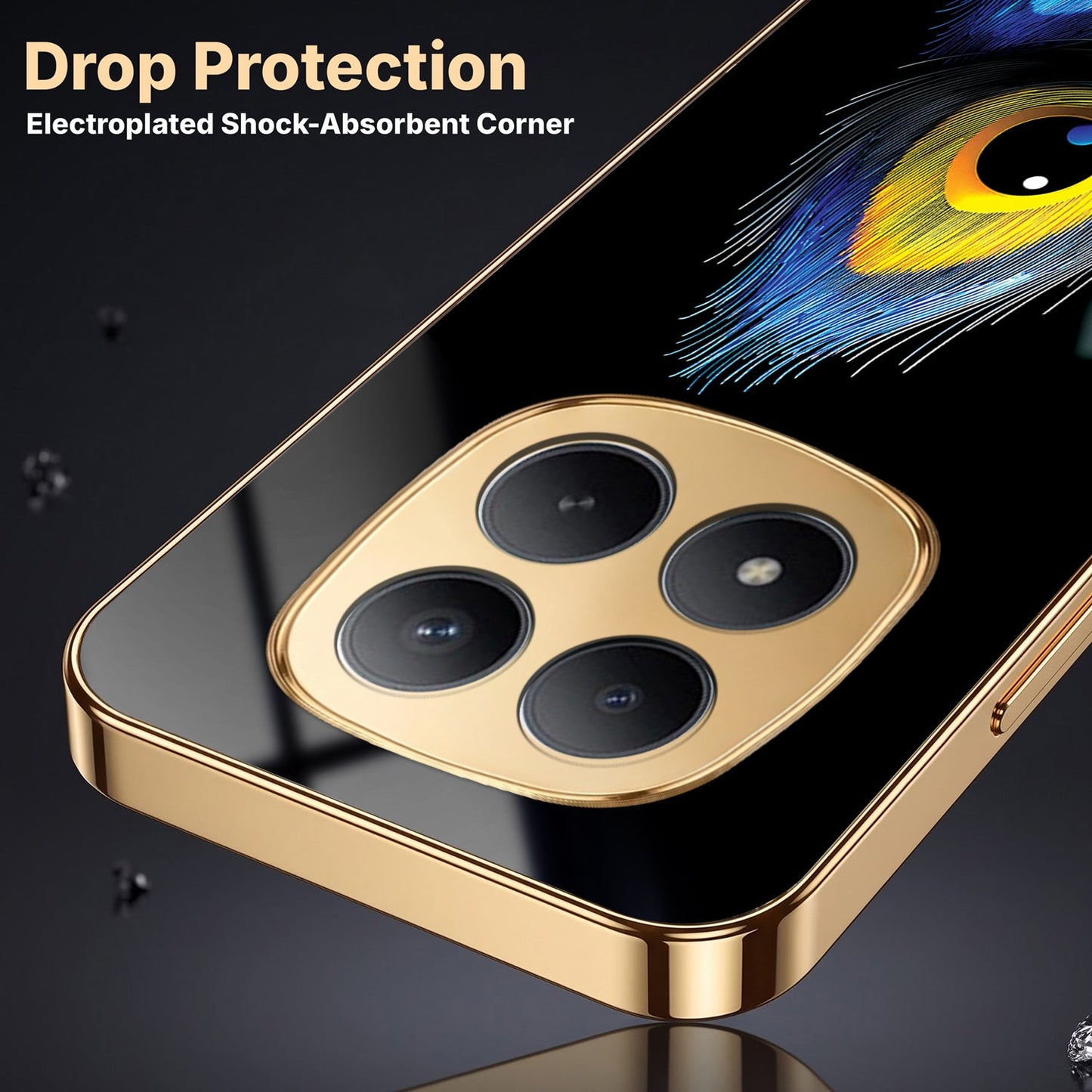 Redmi Note 15 Pro+ 5G Premium Peacock Feather Gold Electroplated Glass Phone Back Case