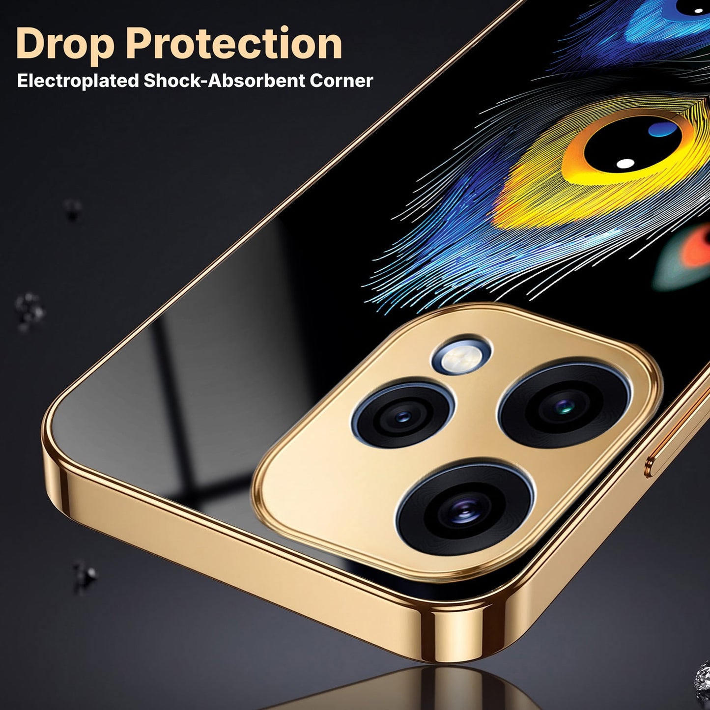 Oppo Reno 15 5G Premium Peacock Feather Gold Electroplated Glass Phone Back Case