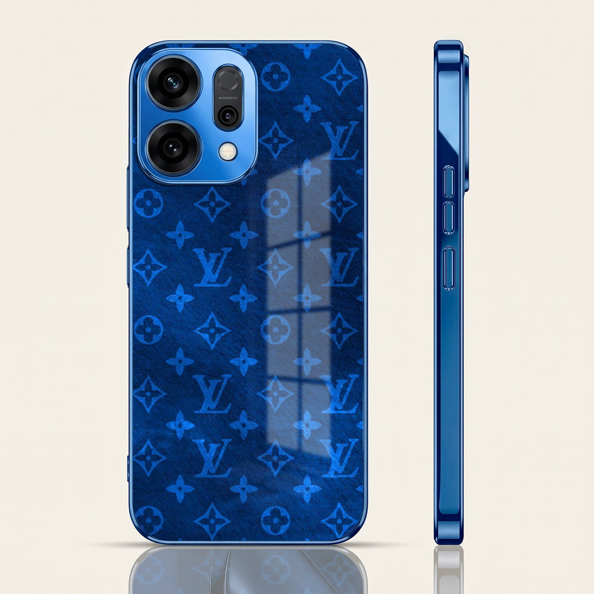 Oppo Reno 14 5G Luxury Monogram Blue Electroplated Glass Phone Back Case