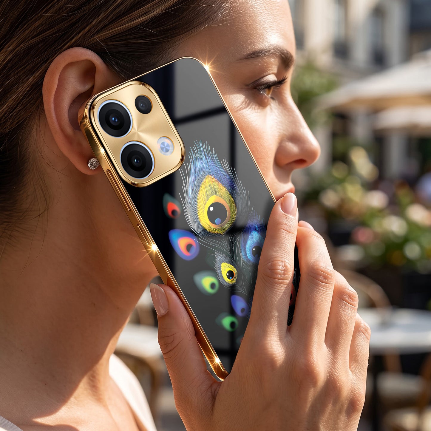 Oppo Reno 13 5G Premium Peacock Feather Gold Electroplated Glass Phone Back Case