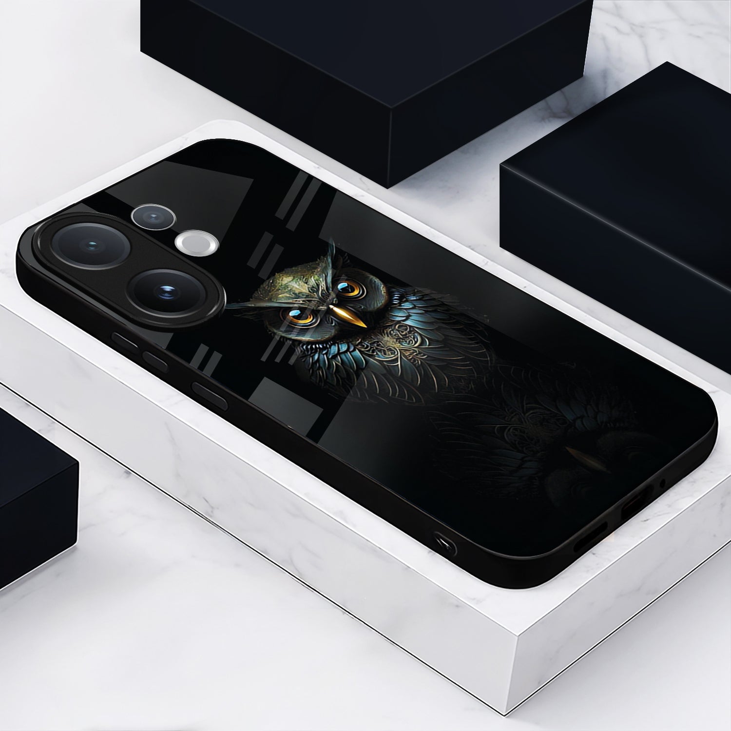 Vivo V60 5G Smartphone with a owl bird design on a black background