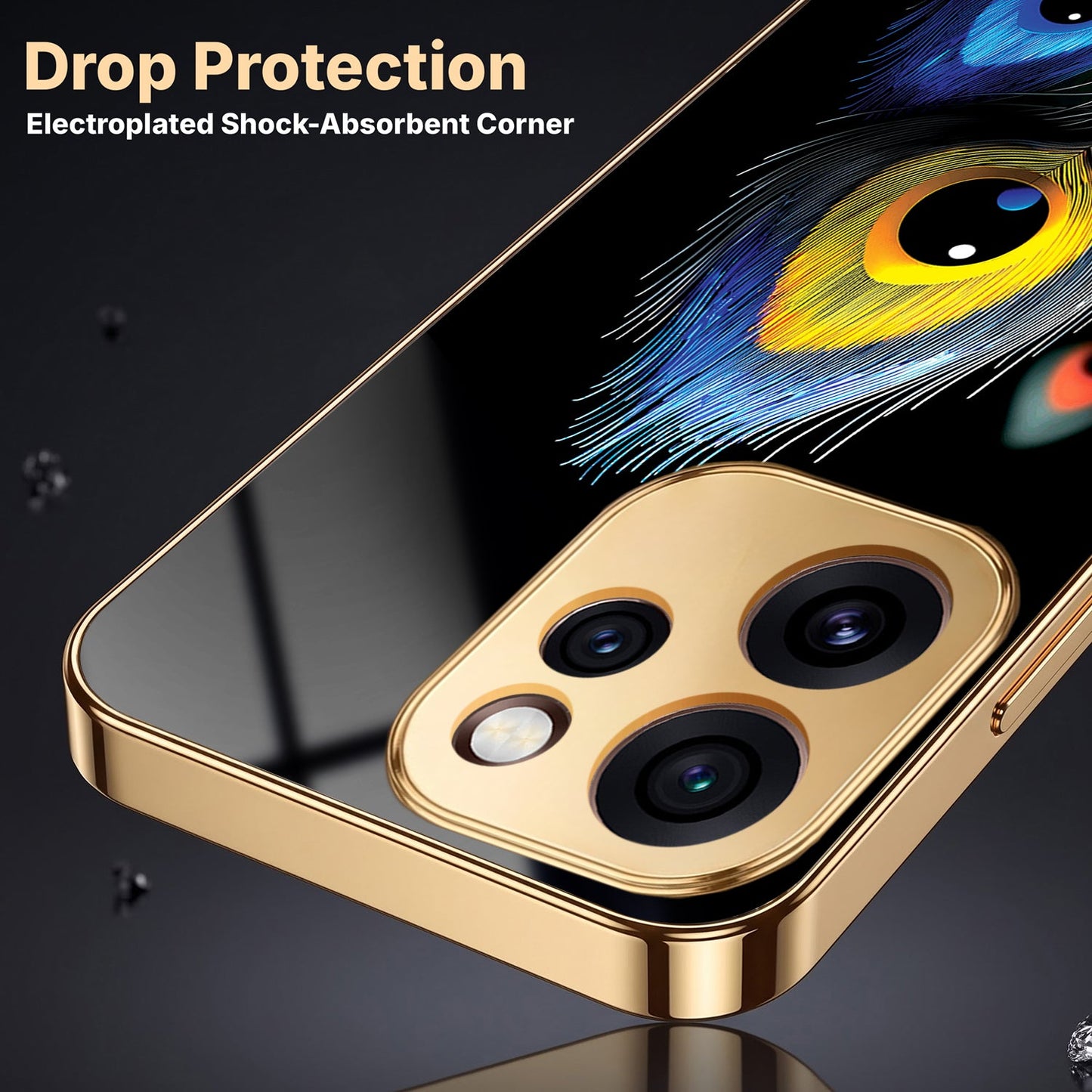 Oppo Reno 15 Pro Mini 5G Premium Peacock Feather Gold Electroplated Glass Phone Back Case