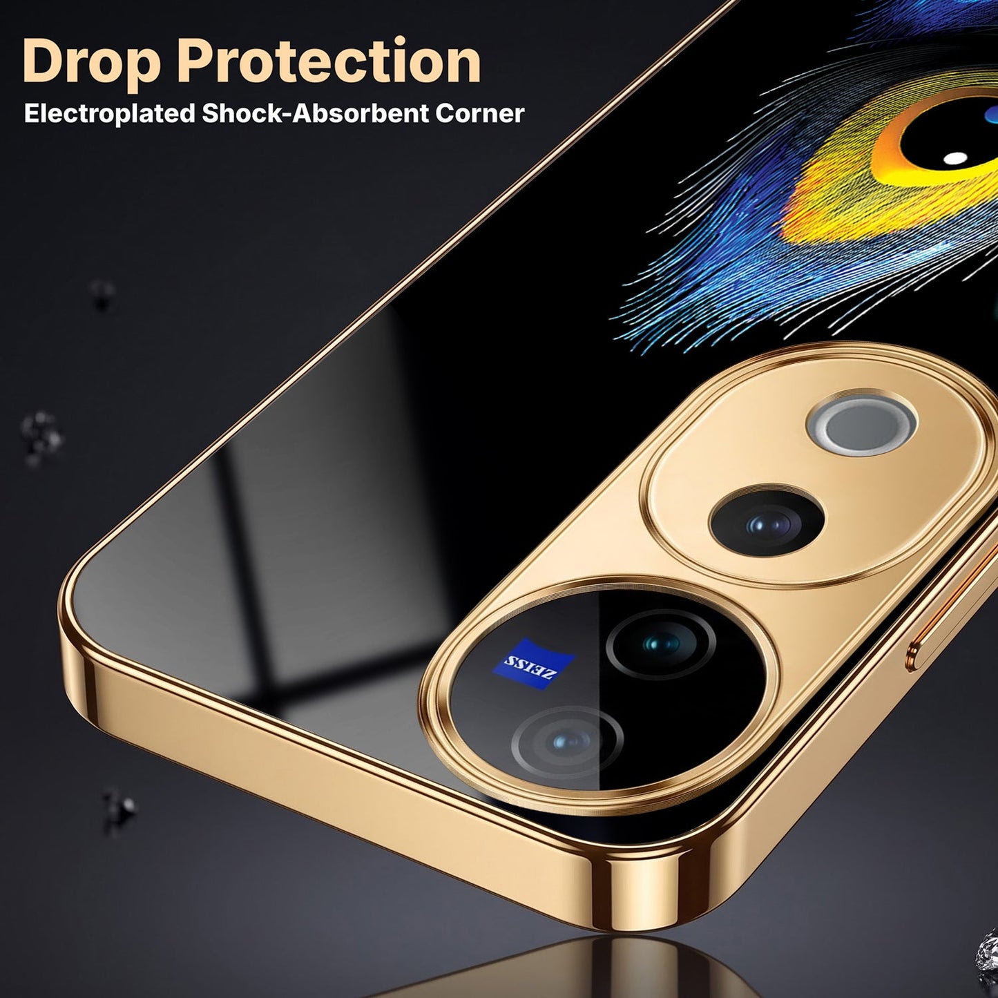 Vivo V40 Pro 5G Premium Peacock Feather Gold Electroplated Glass Phone Back Case