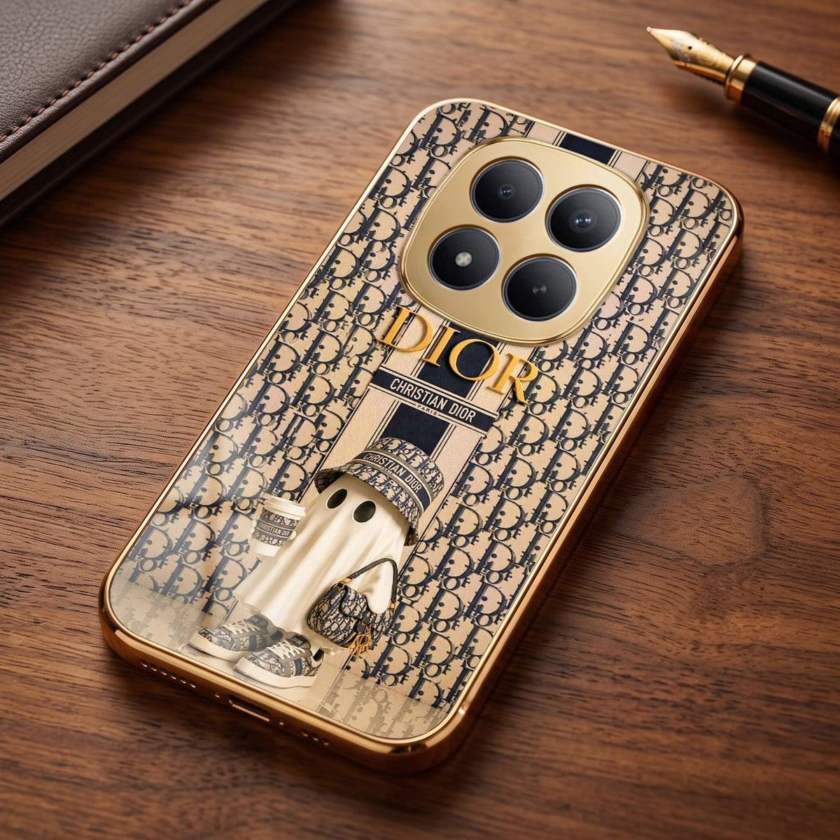Redmi Note 15 Pro+ 5G Luxury Dior Gold Electroplated Glass Phone Back Case