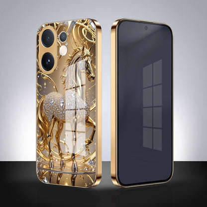 Vivo V60 5G Luxury Horse Texture Gold Electroplated Glass Phone Back Case