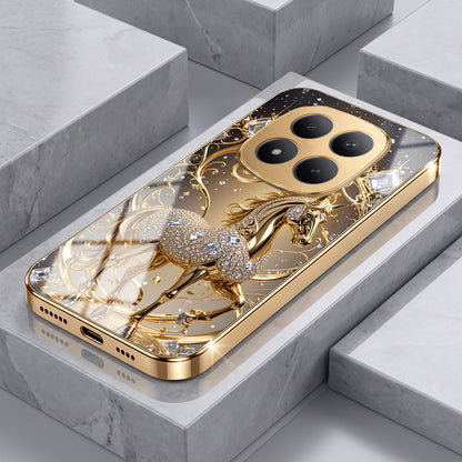 Redmi Note 15 Pro+ 5G Luxury Horse Texture Gold Electroplated Glass Phone Back Case