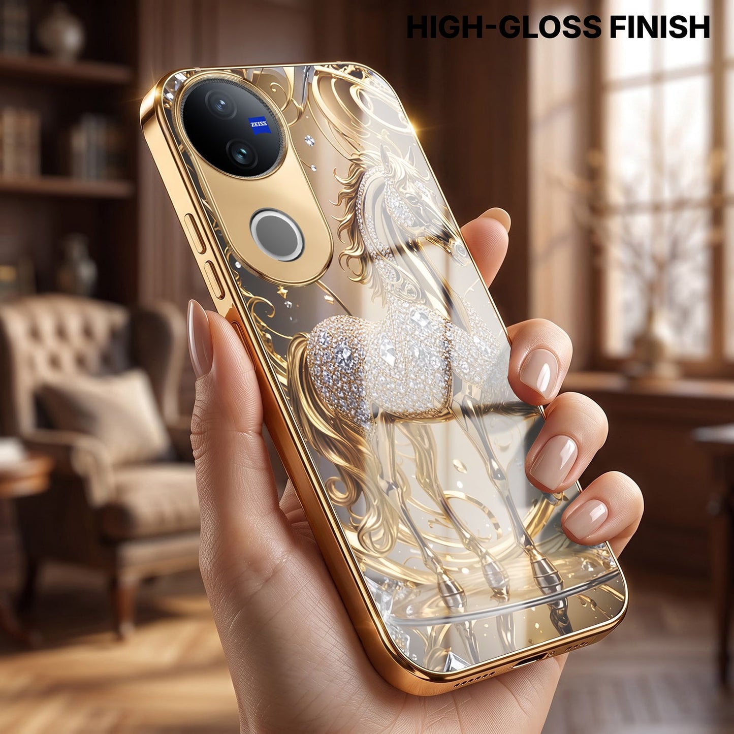 Vivo V50 5G Luxury Horse Texture Gold Electroplated Glass Phone Back Case
