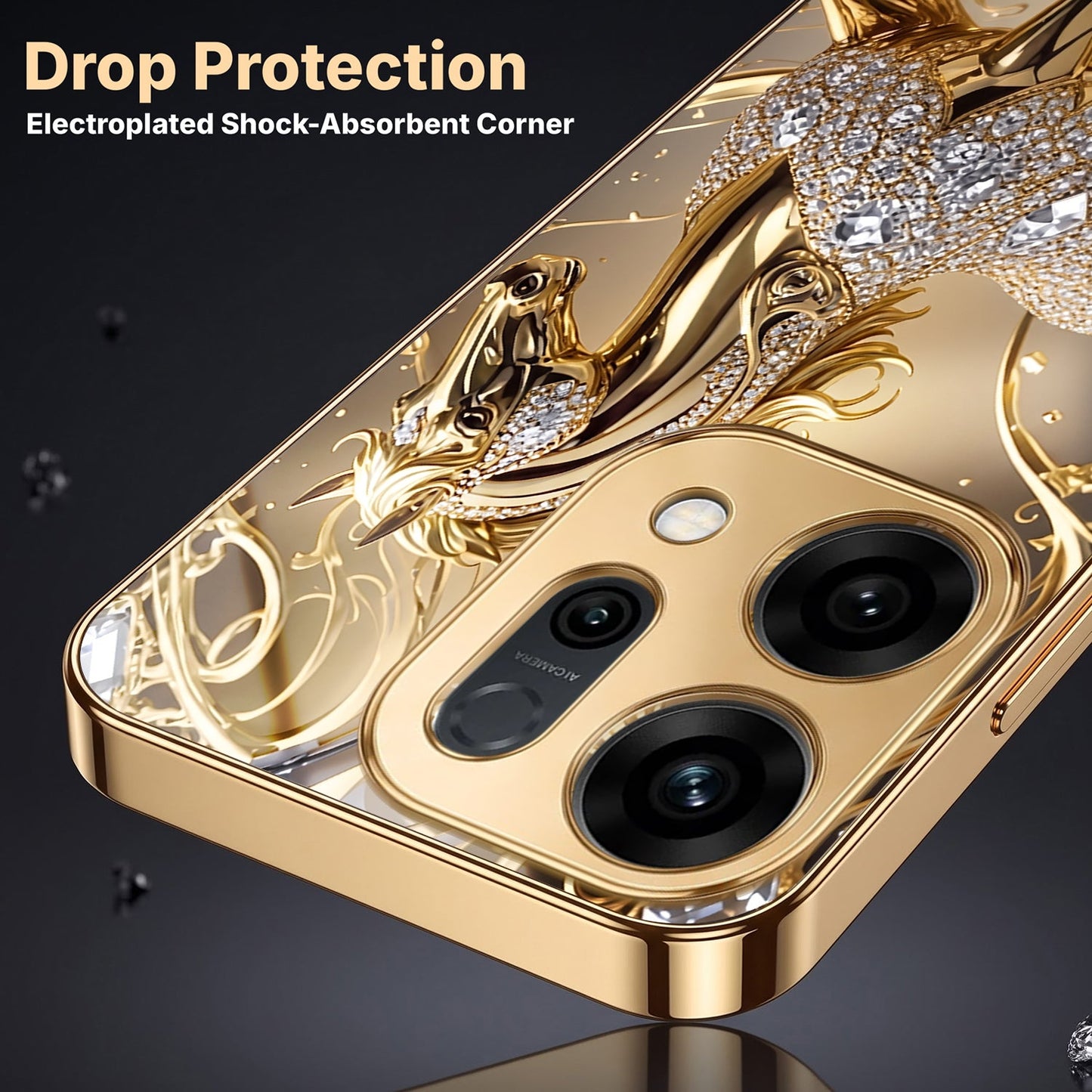 Oppo Reno 14 5G Luxury Horse Texture Gold Electroplated Glass Phone Back Case