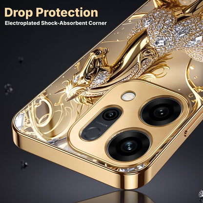 Oppo Reno 14 5G Luxury Horse Texture Gold Electroplated Glass Phone Back Case