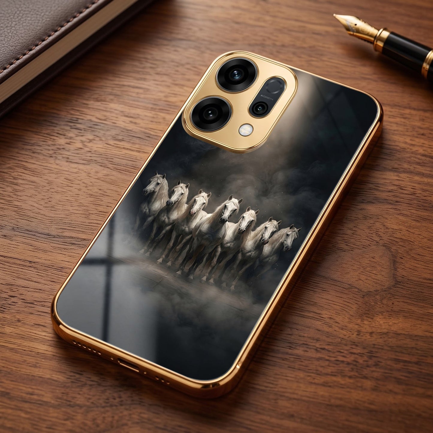 Oppo Reno 14 5G Running Horses Gold Electroplated Glass Phone Back Case