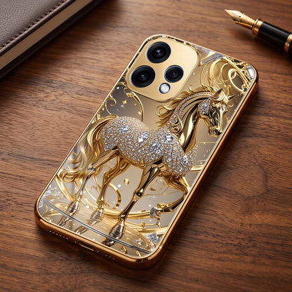 Oppo Reno 15 5G Luxury Horse Texture Gold Electroplated Glass Phone Back Case