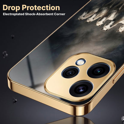 Oppo Reno 15 5G Running Horses Gold Electroplated Glass Phone Back Case