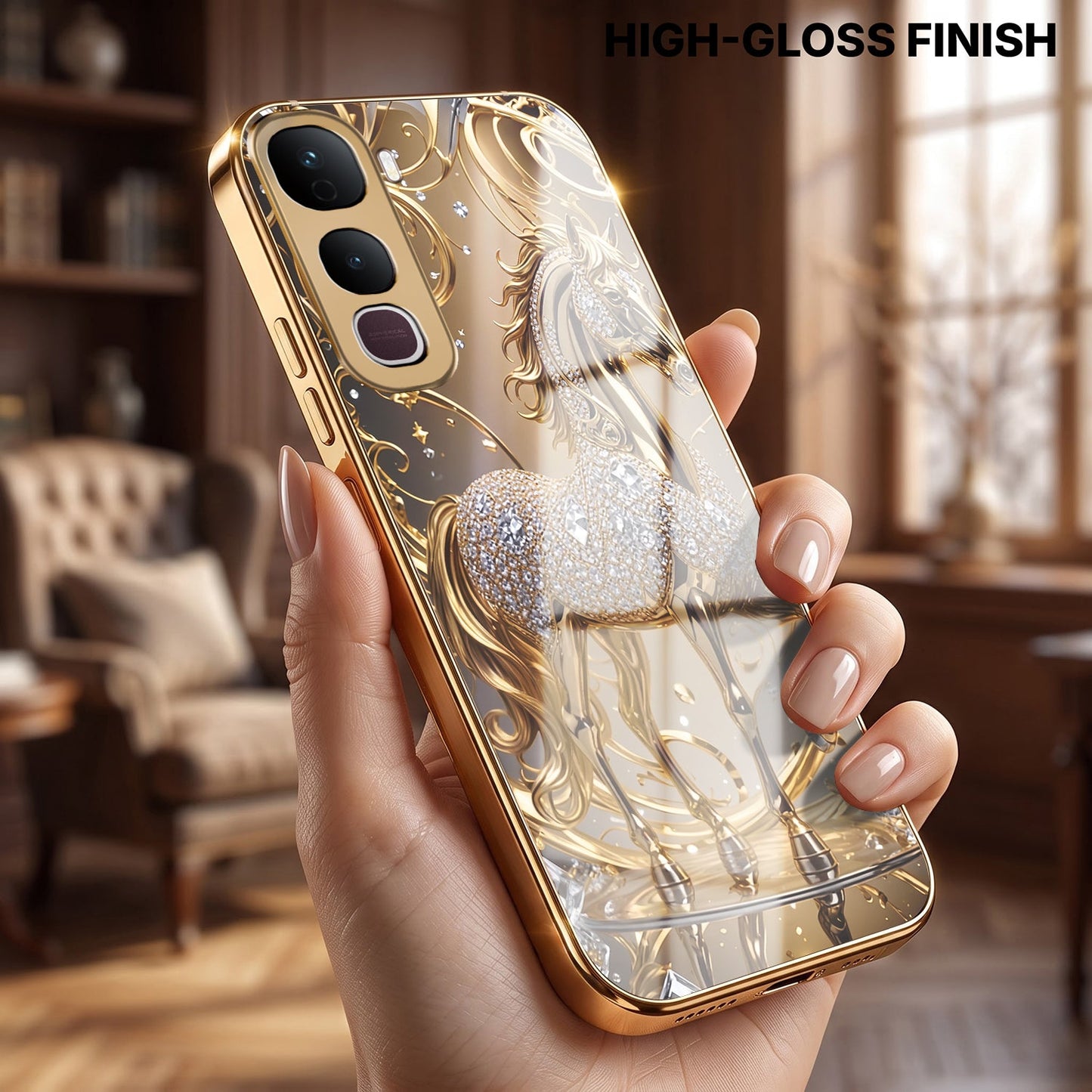 Vivo Y400 Pro 5G Luxury Horse Texture Gold Electroplated Glass Phone Back Case
